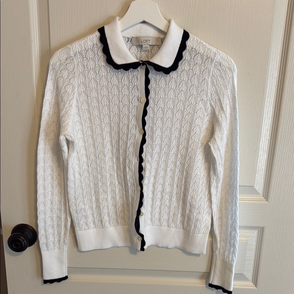 LOFT White and Black Cardigan Sweater Cable Knit NWOT